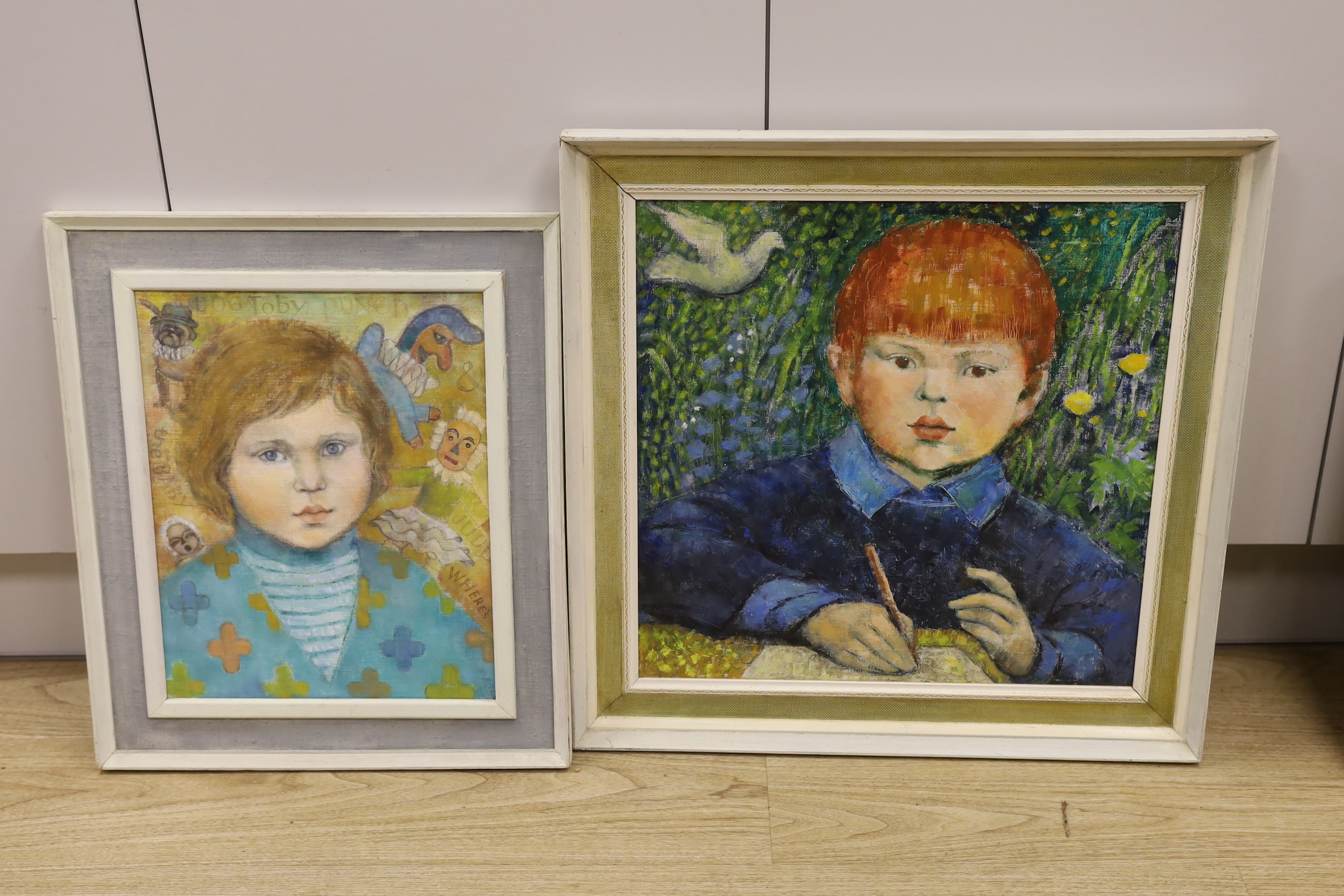 Molly Rice (Contemporary), two oils, one on canvas entitled 'Boy and bird', each with details verso, largest 45 x 45cm